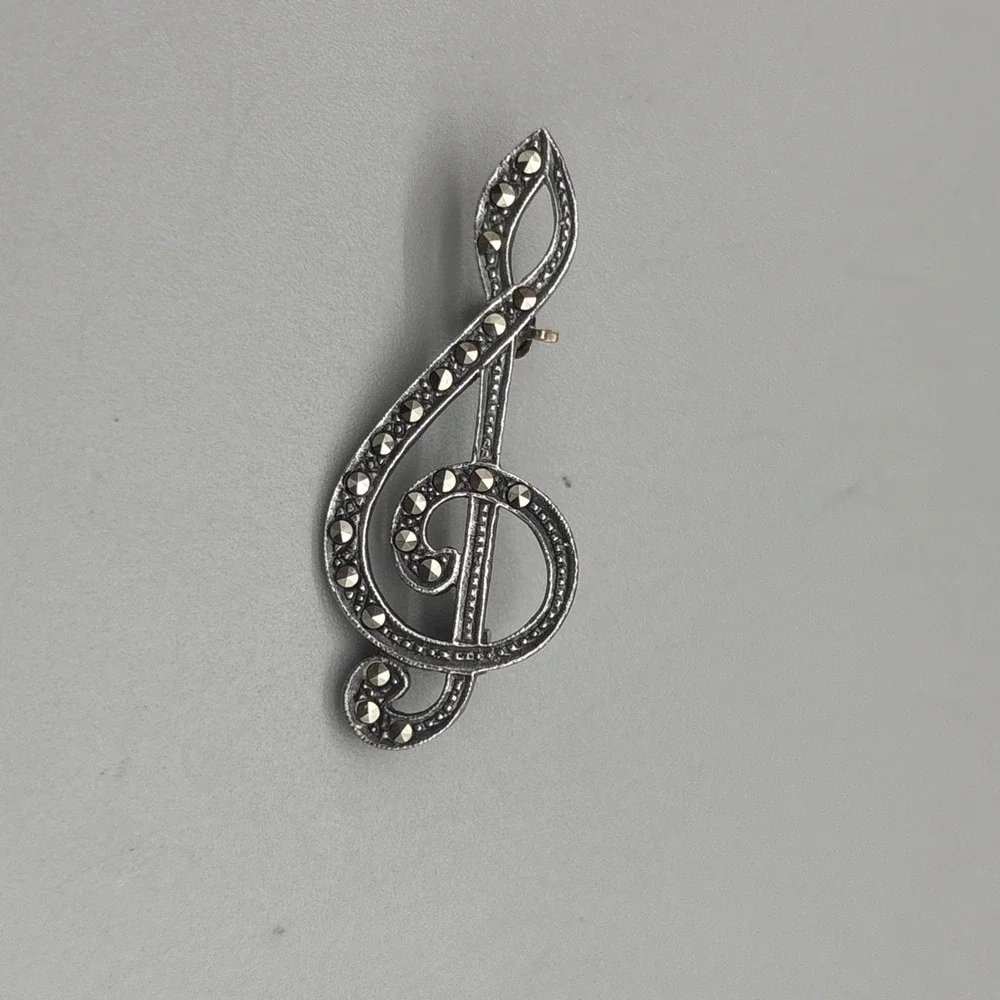 Sterling Silver‎ Marcasite Brooch Treble Clef Music Note 925 1.5